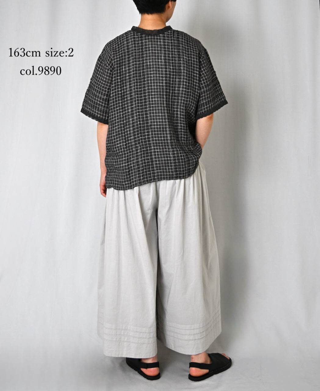 NMDS26281 80s POWER LOOM LINEN CHECK LACE PINTUCK HALF/SLEEVE 2WAY SHIRT