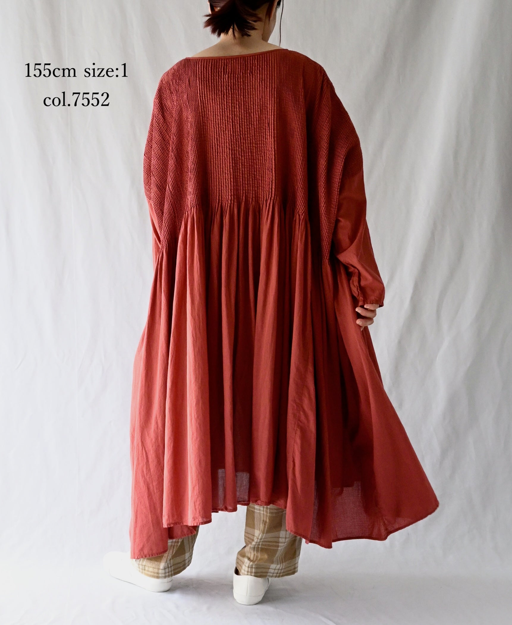 NMDS26602D ORGANIC MICRO CHECK&VOILE PLAIN PATCHWORK OVERDYE PINTUCK PULLOVER DRESS
