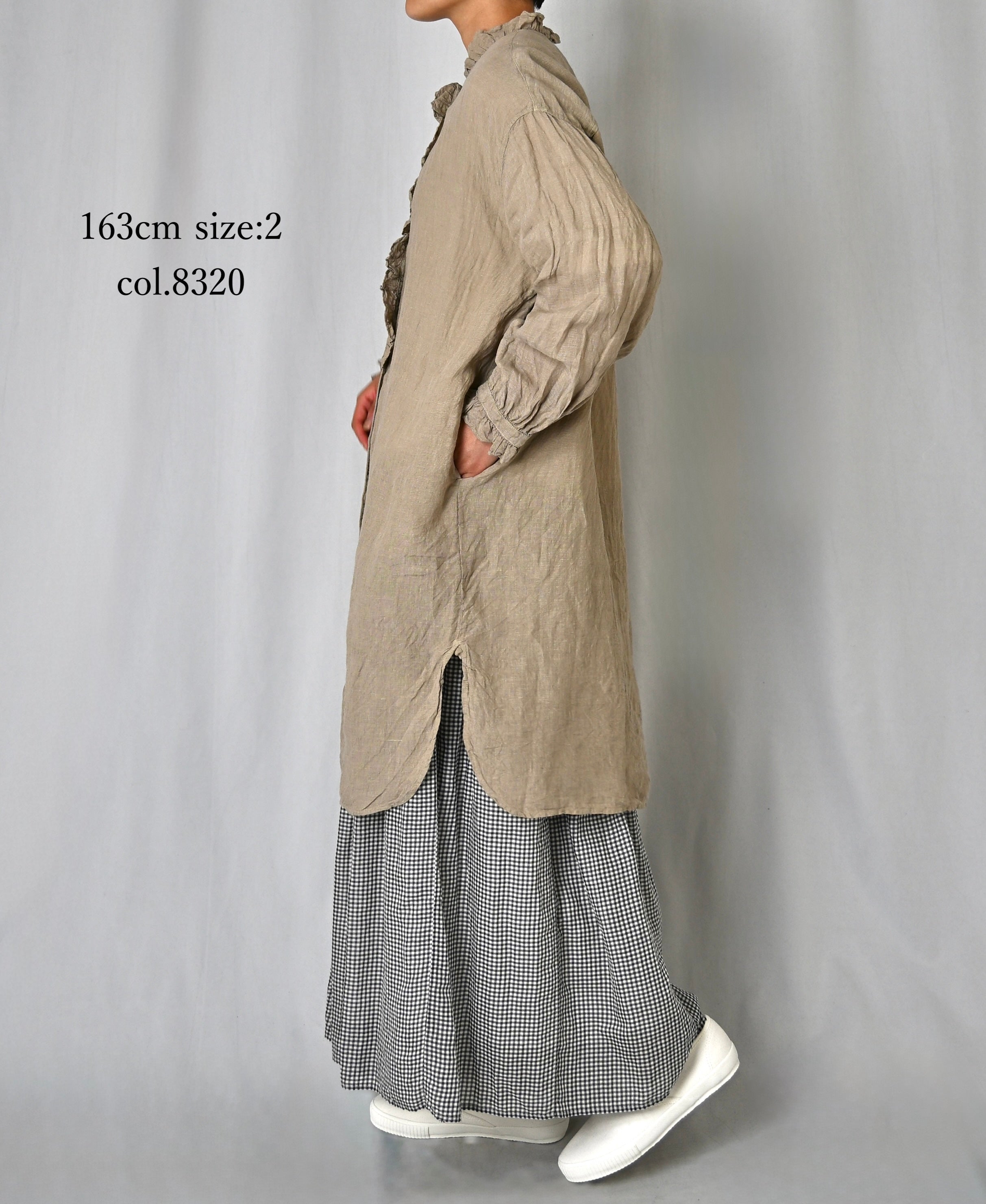 INMDS26002D 60s AUTOLOOM LINEN PLAIN OVERDYE FRILL COLLAR LONG SHIRTS