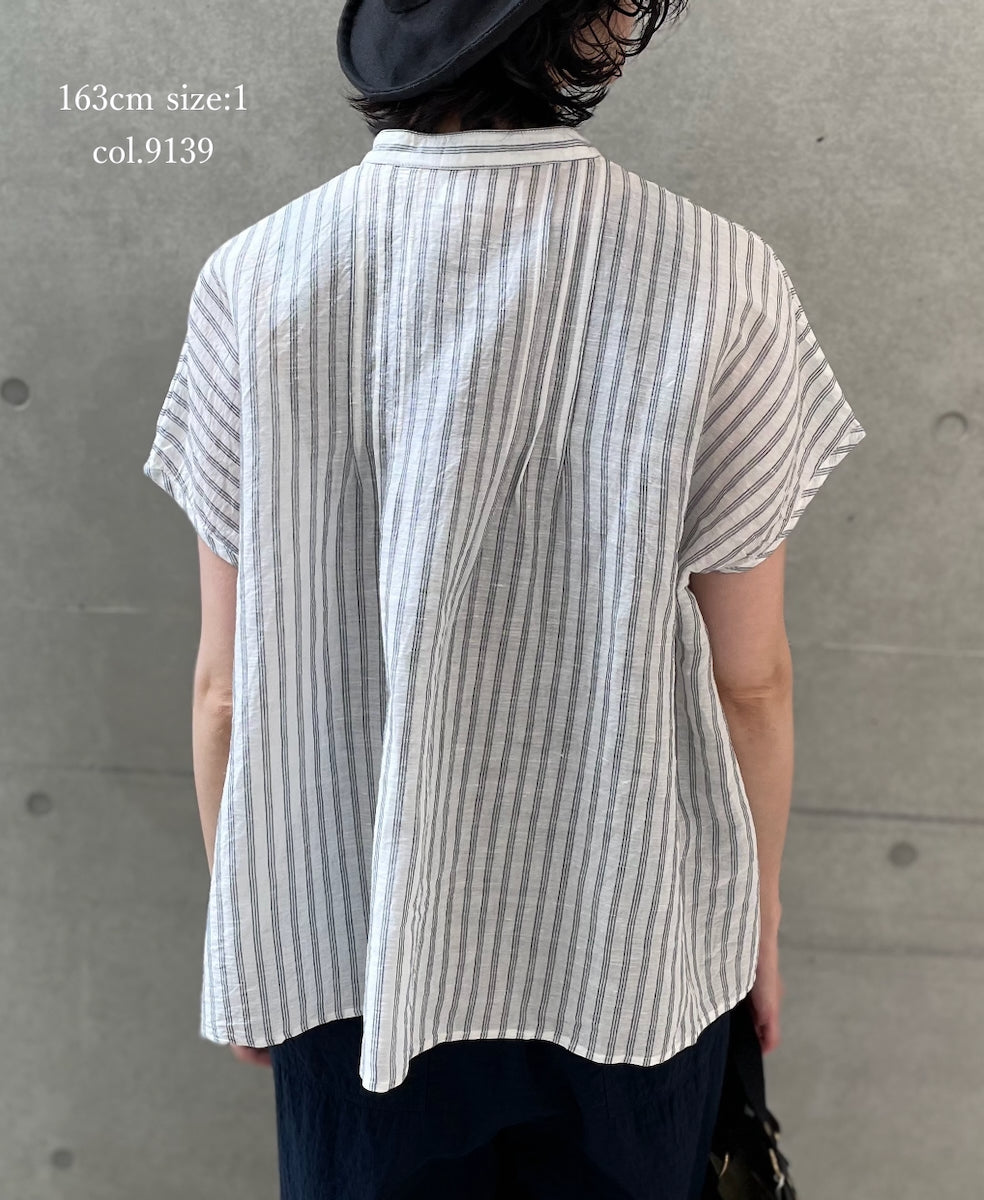 INSL26331 60s AUTO LOOM COTTON/LINEN STRIPE BANDED COLLAR FRENCH/SL PINTUCK SHIRTS