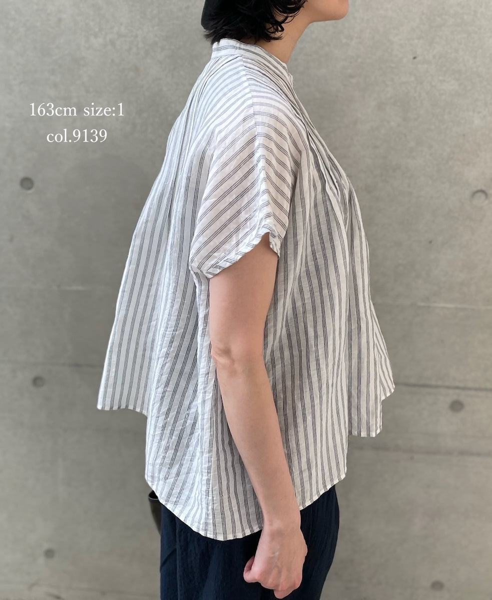 INSL26331 60s AUTO LOOM COTTON/LINEN STRIPE BANDED COLLAR FRENCH/SL PINTUCK SHIRTS
