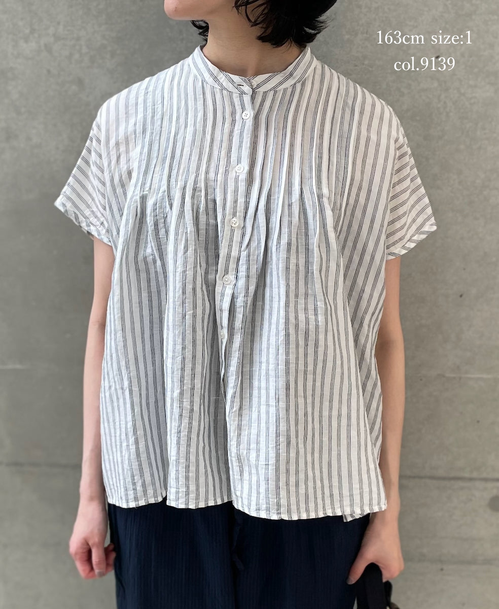 INSL26331 60s AUTO LOOM COTTON/LINEN STRIPE BANDED COLLAR FRENCH/SL PINTUCK SHIRTS