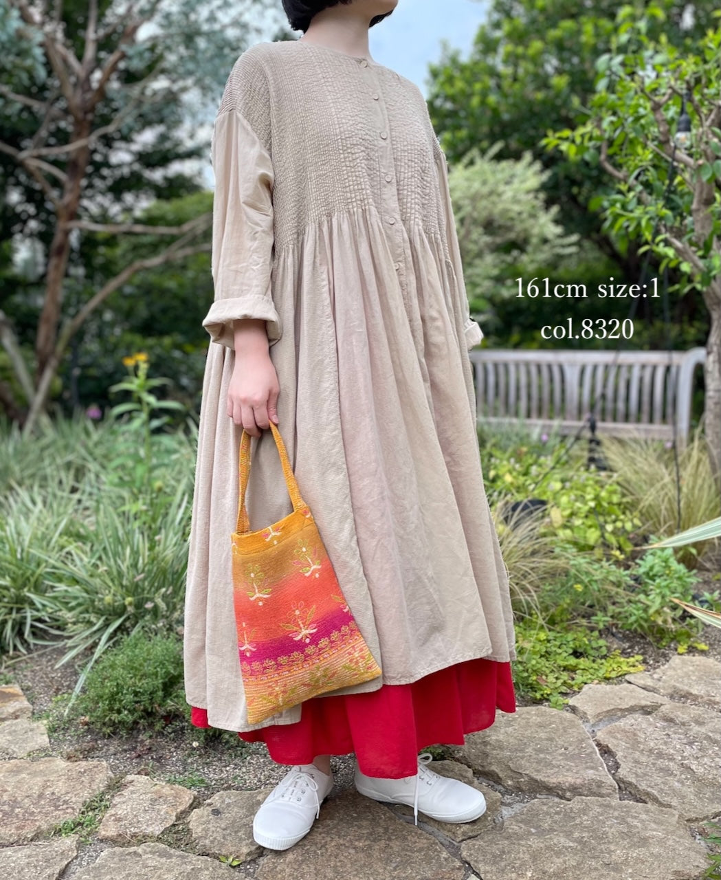 NMDS26604D ORGANIC MICRO CHECK&VOILE PLAIN PATCHWORK OVERDYE CREW-NECK BUTTON SHIRT MAXI DRESS WITH PINTUCK
