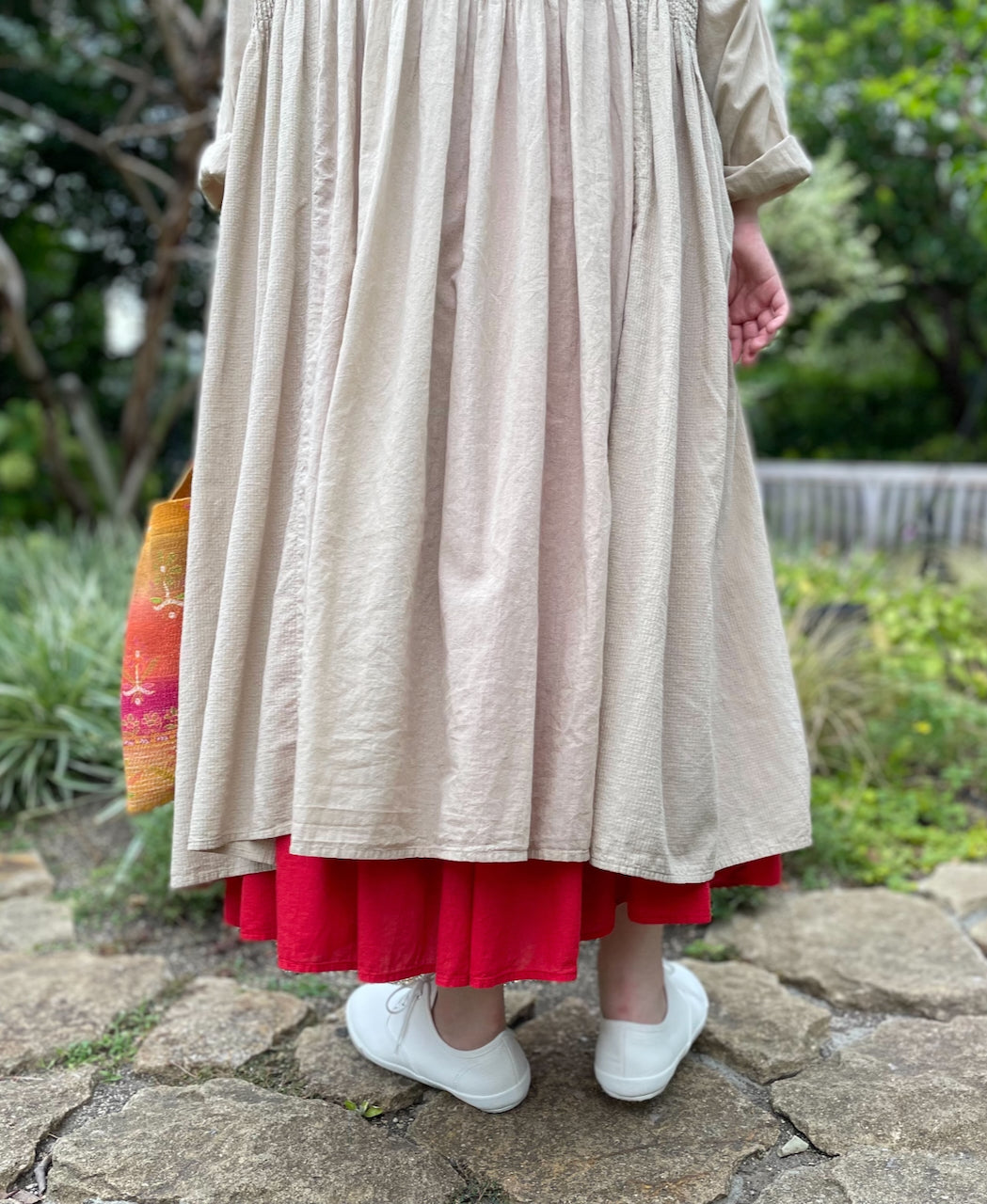 NMDS26604D ORGANIC MICRO CHECK&VOILE PLAIN PATCHWORK OVERDYE CREW-NECK BUTTON SHIRT MAXI DRESS WITH PINTUCK