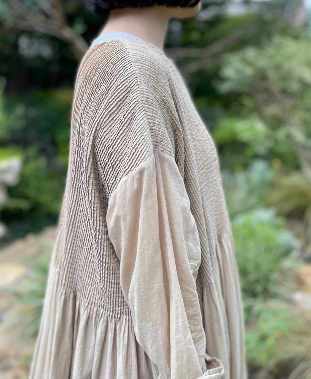NMDS26604D ORGANIC MICRO CHECK&VOILE PLAIN PATCHWORK OVERDYE CREW-NECK BUTTON SHIRT MAXI DRESS WITH PINTUCK
