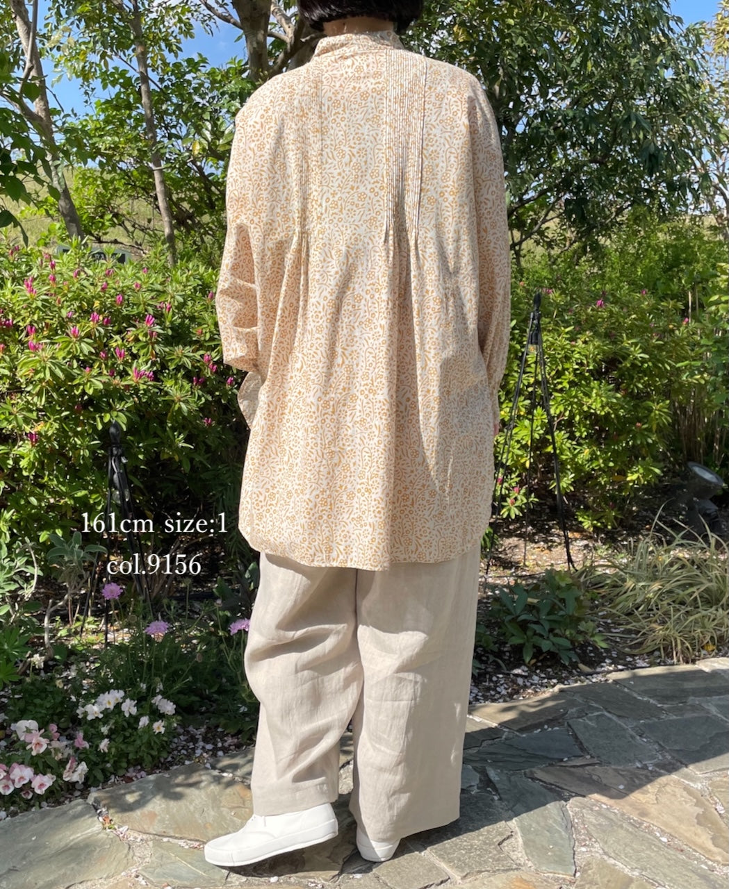 INMDS26102 80s COTTON FLOWER BLOCK PRINT BANDED COLLAR MINI PINTUCK TUNIC