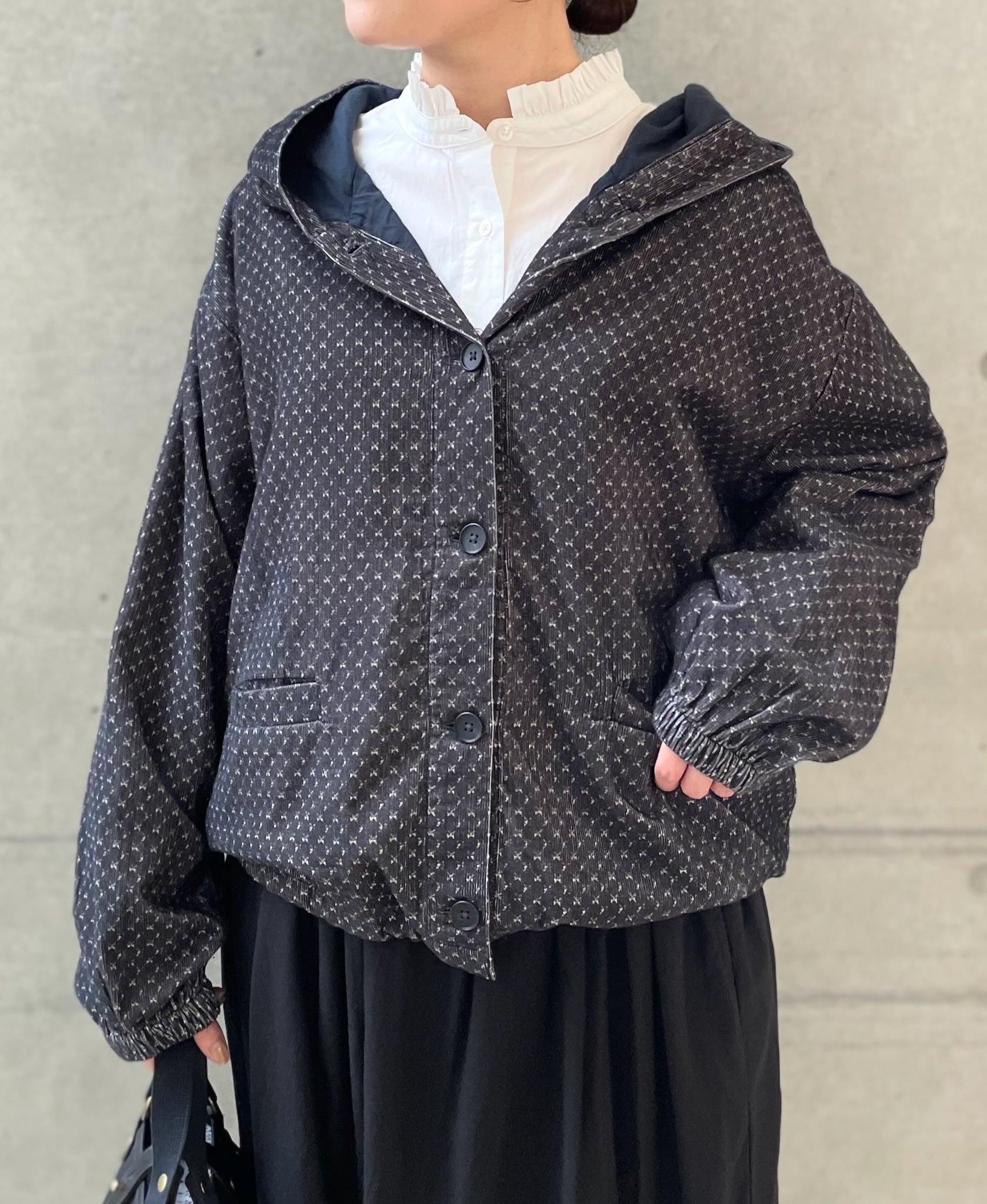 NSL26582 MINI CORDUROY CROSSHATCH PRINT HOODED BLOUSON
