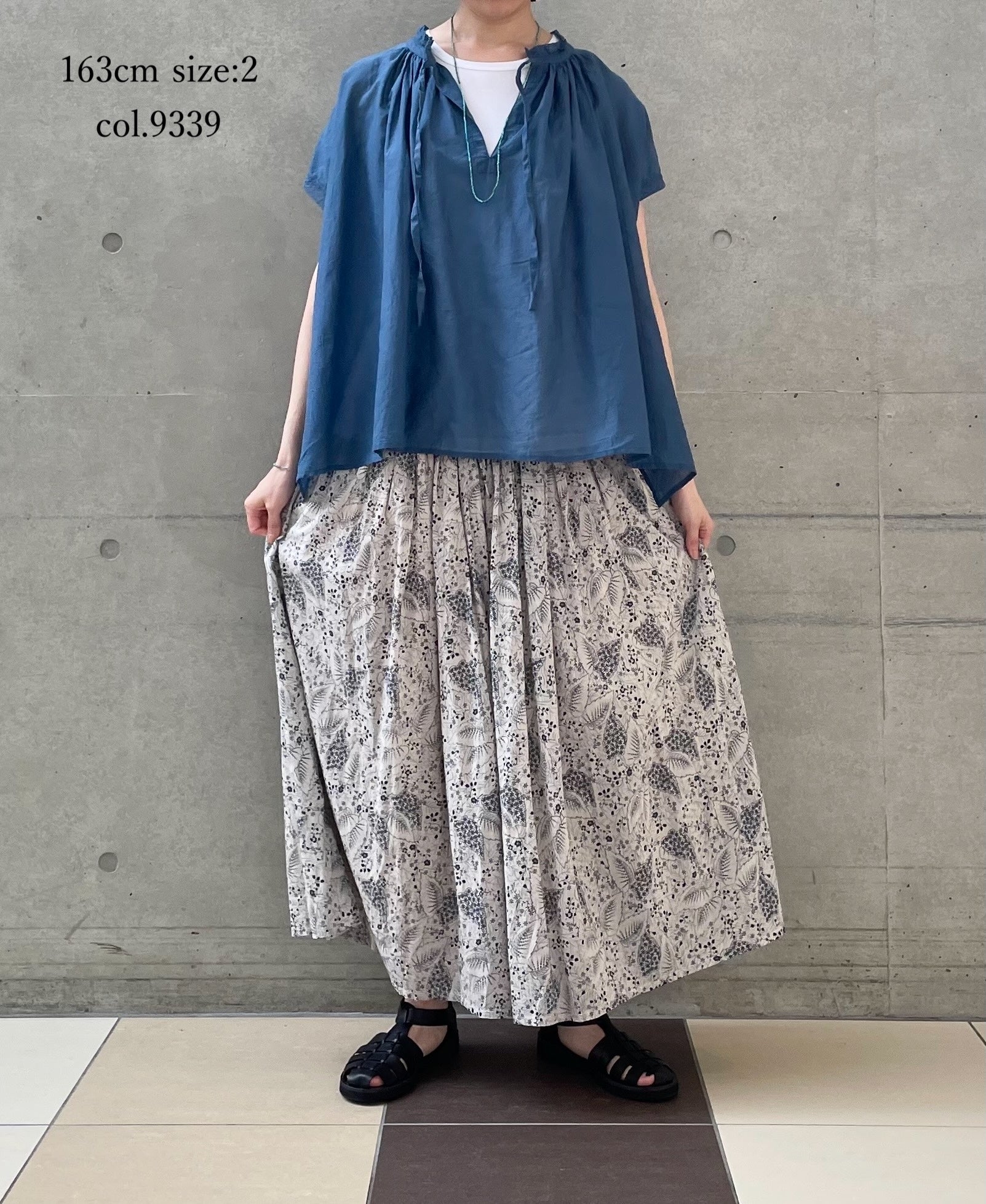 NSL26065 80s VOILE LEAF & FLOWER PRINT GATHERED SKIRT