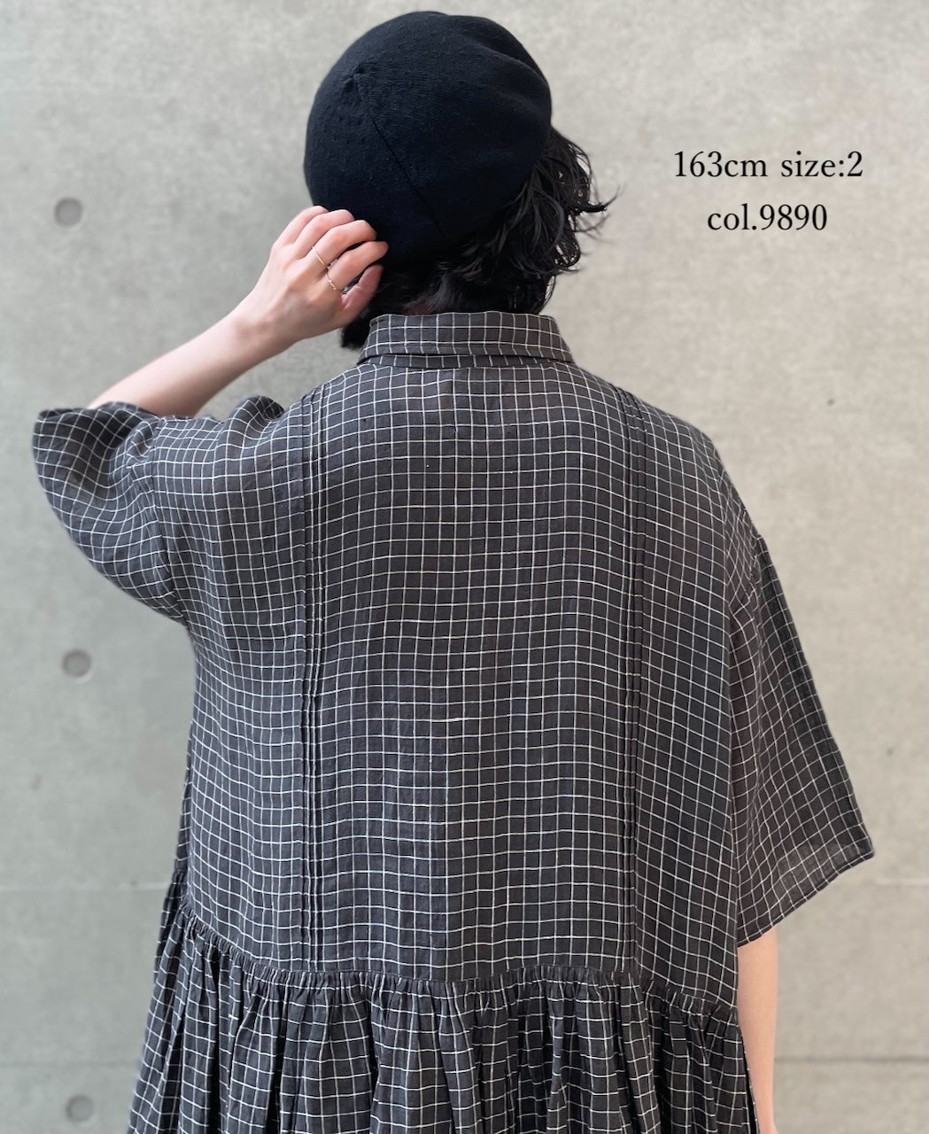 NMDS26284 80s POWER LOOM LINEN CHECK REGULAR COLLAR DRESS WITH RAJASTAN GATHER