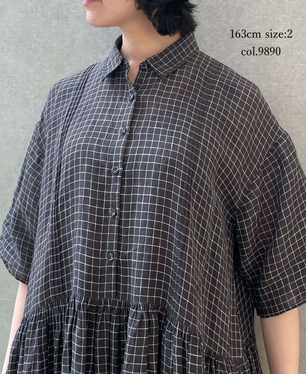 NMDS26284 80s POWER LOOM LINEN CHECK REGULAR COLLAR DRESS WITH RAJASTAN GATHER