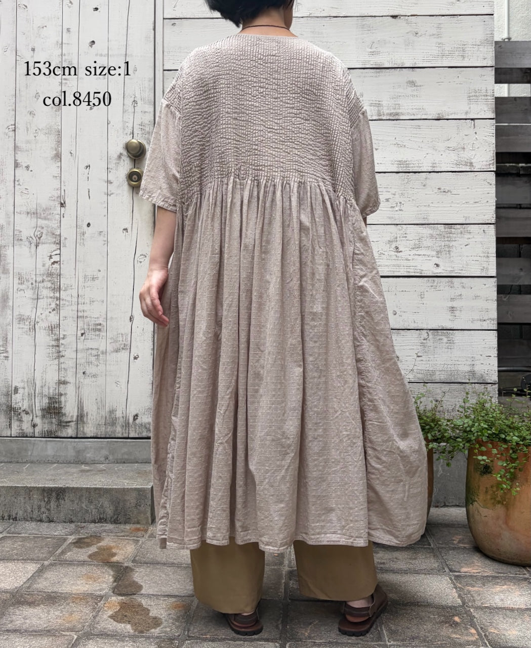 NMDS26504D 80s ORGANIC DOBIE CHECK OVERDYE CREW-NECK BUTTON SHIRT MAXI DRESS WITH PINTUCK
