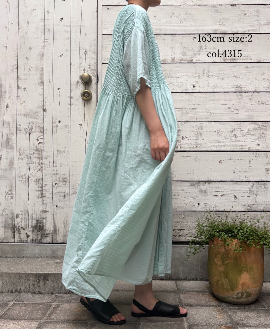 NMDS26504D 80s ORGANIC DOBIE CHECK OVERDYE CREW-NECK BUTTON SHIRT MAXI DRESS WITH PINTUCK