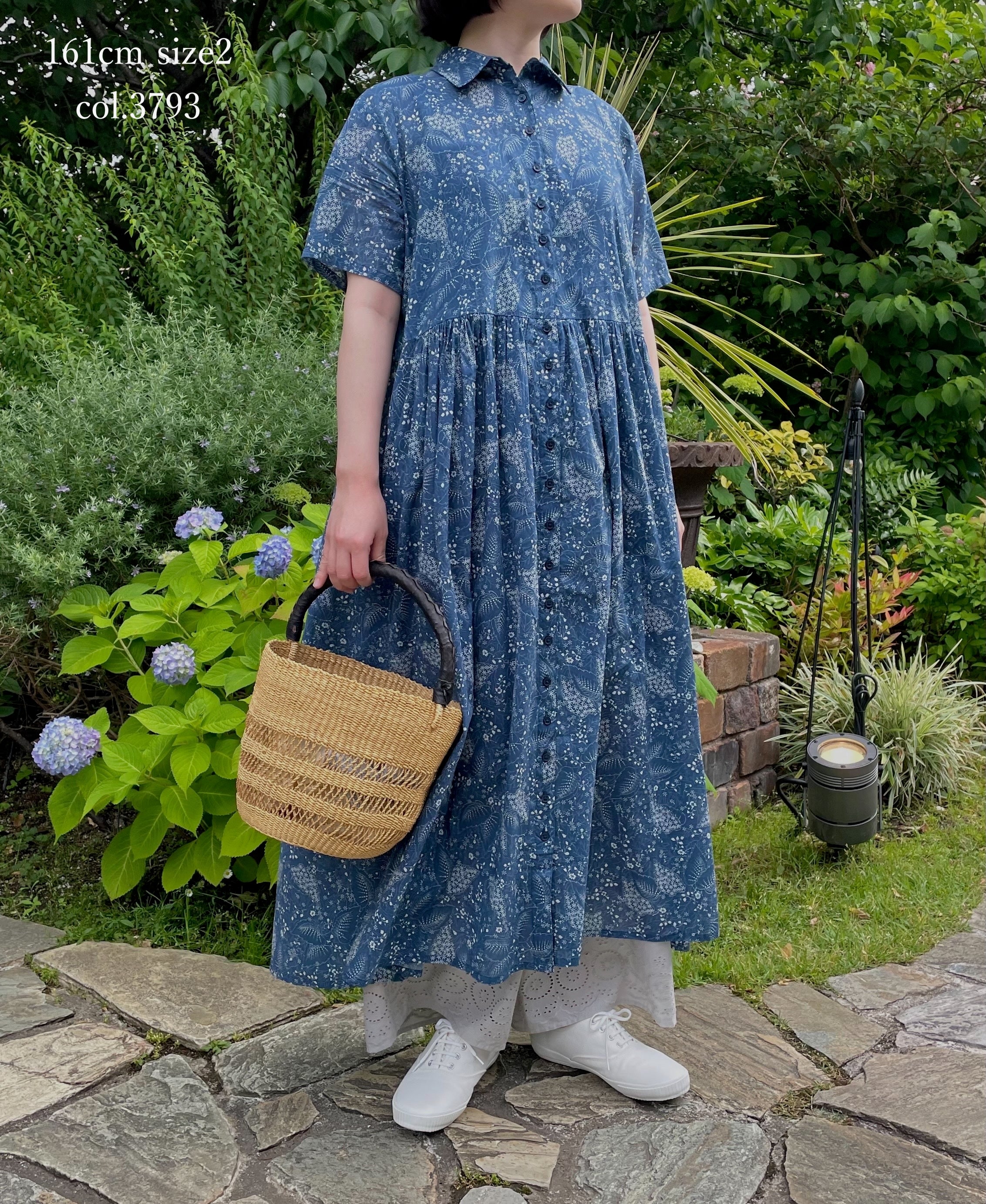NSL26063 80s VOILE LEAF & FLOWER PRINT REGULAR COLLAR S/SL DRESS