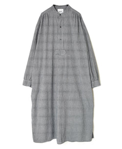 INAM2633C SEERSUCKER GINGHAM CHECK WASH WORK GATHERED BANDED COLLAR DRESS SHIRT