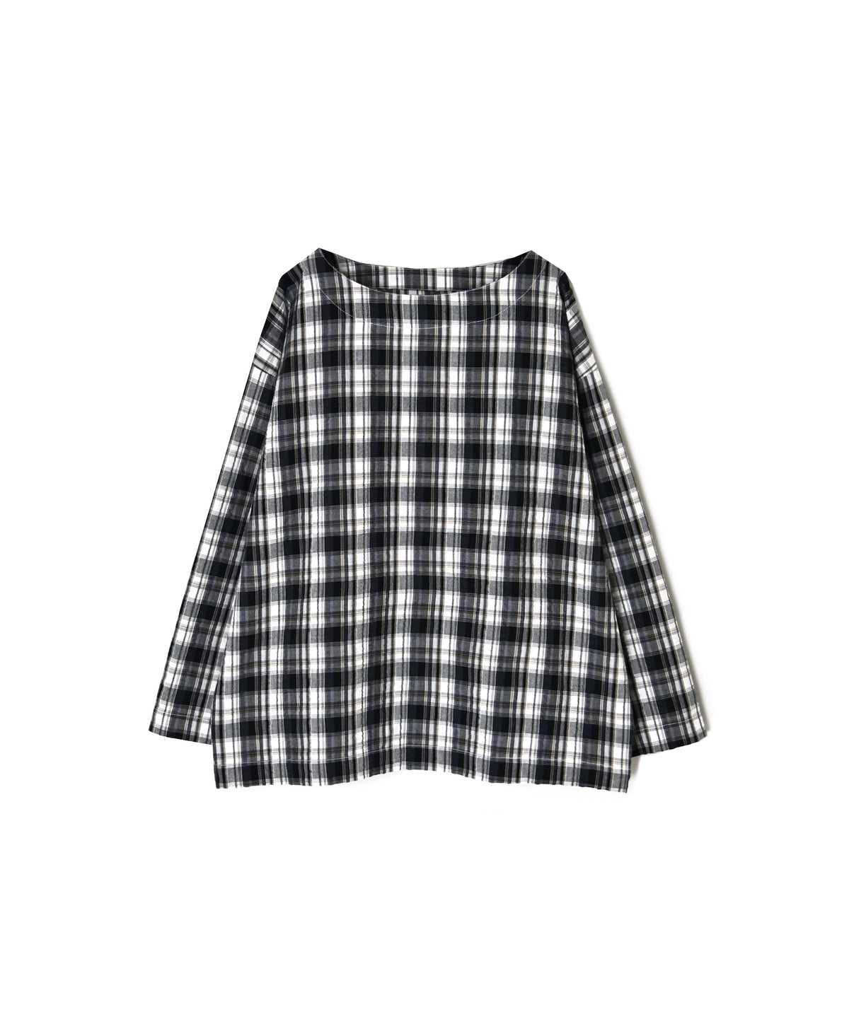 INAM2671 YARN DYED COTTON CHECK BOAT NECK SMOCK