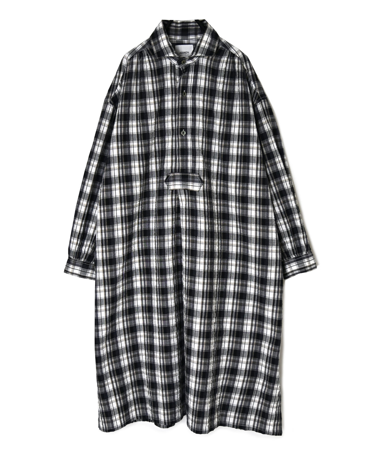INAM2673 YARN DYED COTTON CHECK WORK GATHER LONG SHIRT