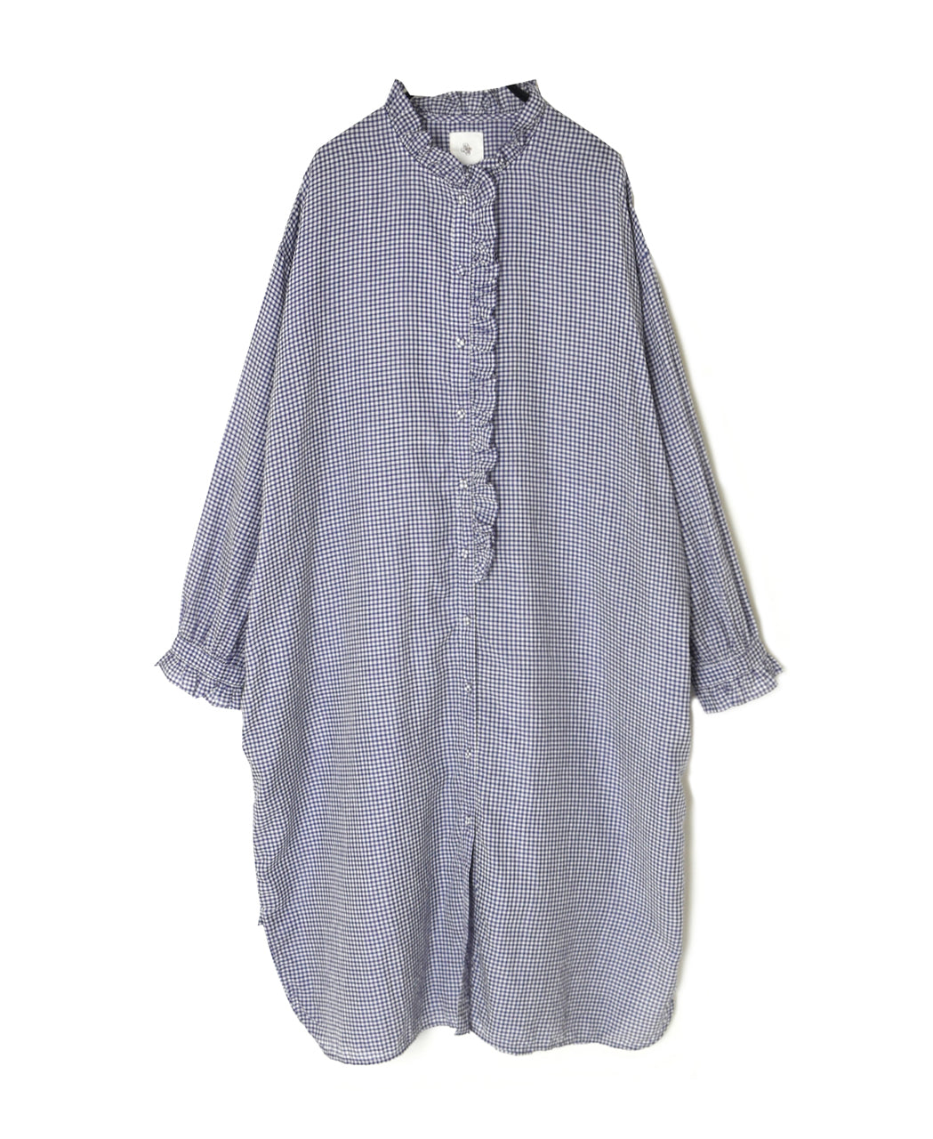 INMDS26023 HANDWOVEN COTTON/SILK SMALL GINGHAM CHECK FRILL COLLAR LONG SHIRTS