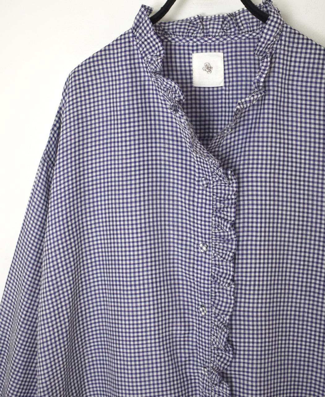 INMDS26023 HANDWOVEN COTTON/SILK SMALL GINGHAM CHECK FRILL COLLAR LONG SHIRTS