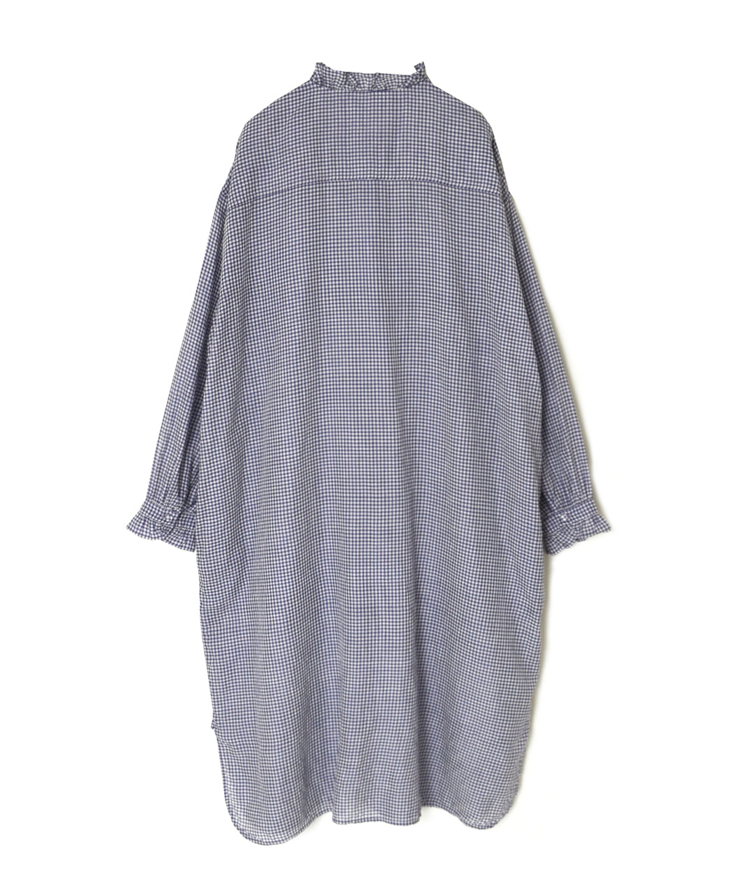 INMDS26023 HANDWOVEN COTTON/SILK SMALL GINGHAM CHECK FRILL COLLAR LONG SHIRTS