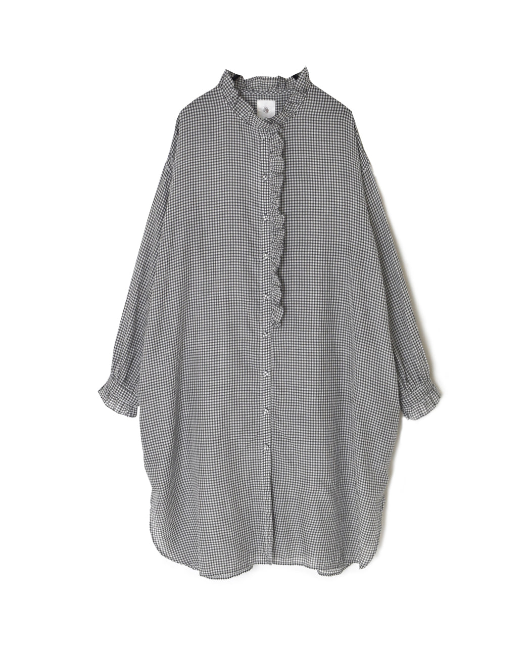 INMDS26023 HANDWOVEN COTTON/SILK SMALL GINGHAM CHECK FRILL COLLAR LONG SHIRTS