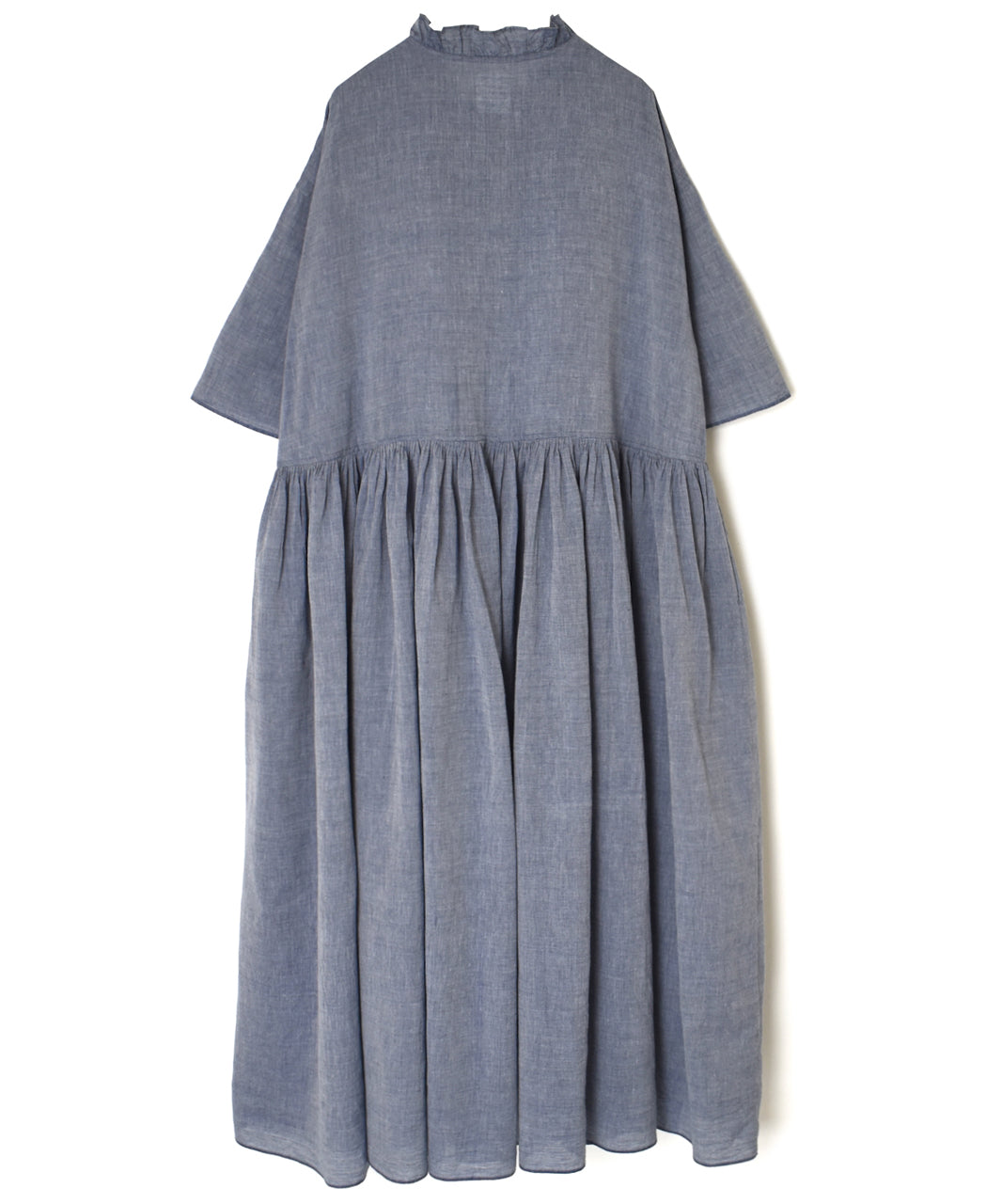 INMDS26042 HANDWOVEN YARN DYE CHAMBRAY FRILL COLLAR SHIRTS DRESS WITH RAJASTHAN GATHER
