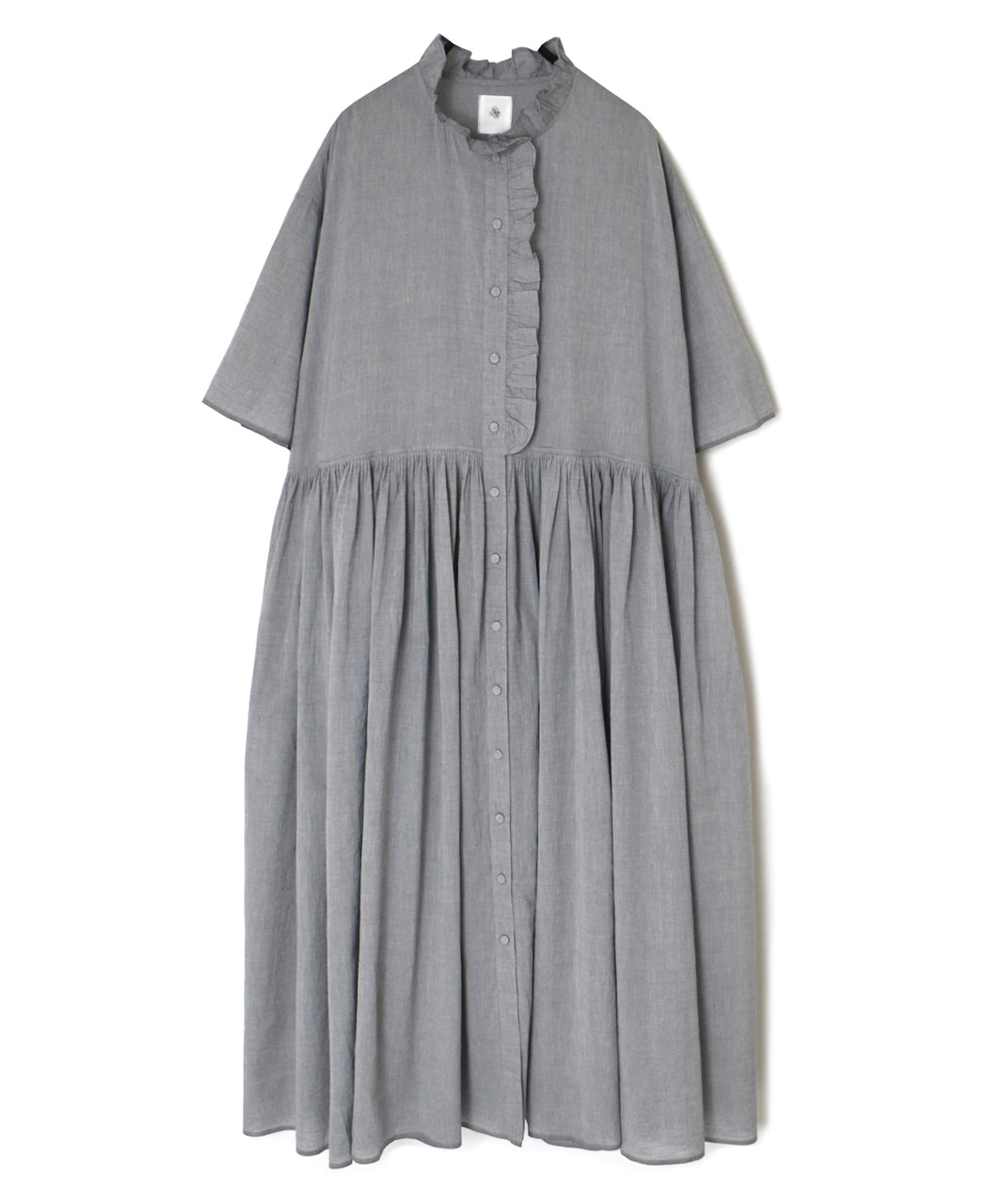 INMDS26042 HANDWOVEN YARN DYE CHAMBRAY FRILL COLLAR SHIRTS DRESS WITH RAJASTHAN GATHER