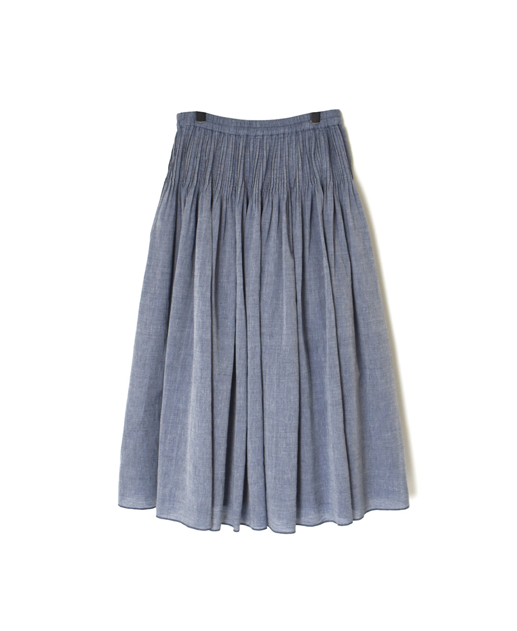 INMDS26043 HANDWOVEN YARN DYE CHAMBRAY PINTUCK FLARED SKIRT