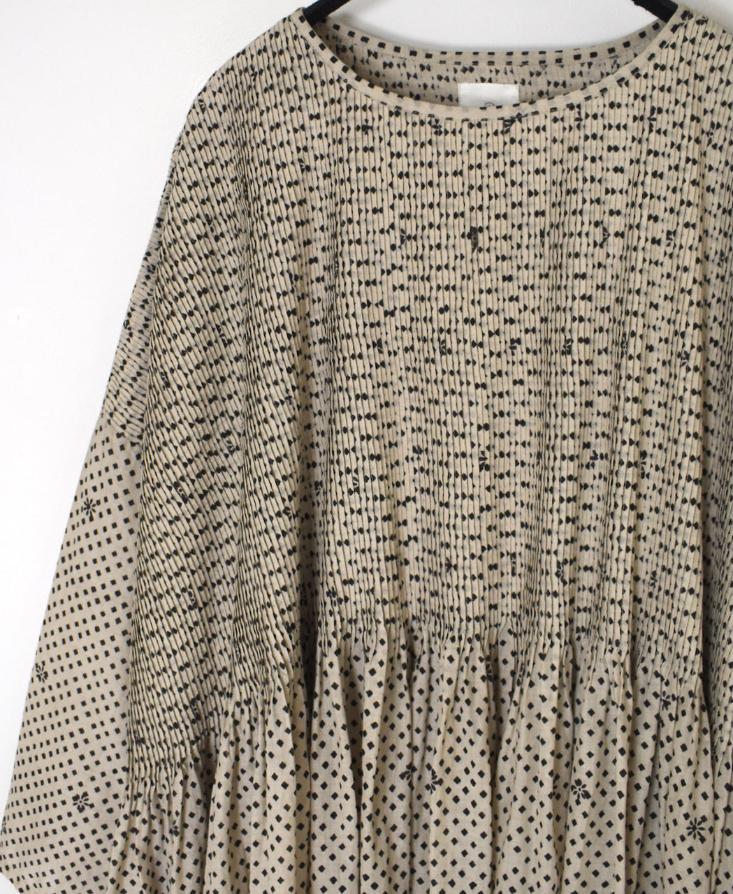 INMDS26082 80s VOILE SQUARE BLOCK PRINT MINI PINTUCK PULLOVER DRESS