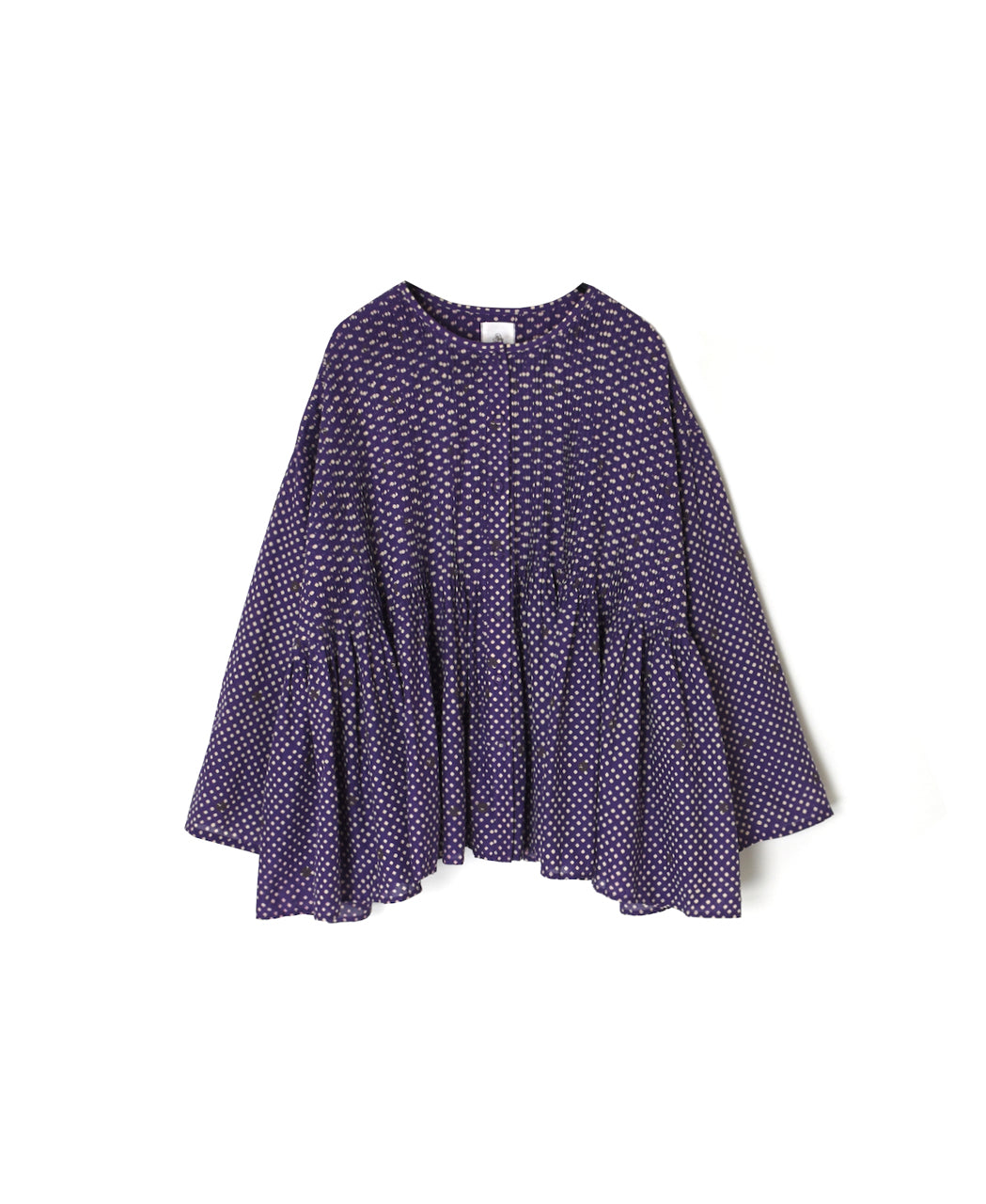 INMDS26083 80s VOILE SQUARE BLOCK PRINT CREW NECK BUTTON SHIRTS WITH MINI PINTUCK