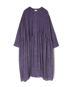 INMDS26084 80s VOILE SQUARE BLOCK PRINT CREW NECK BUTTON SHIRTS DRESS WITH MINI PINTUCK
