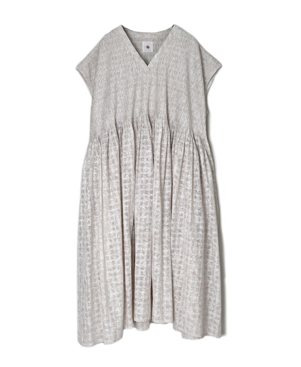 INMDS26097 POWER LOOM COTTON DOBIE CHECK FLOWER HAND SCREEN PRINT V-NECK FR/SL PULLOVER DRESS