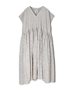 INMDS26097 POWER LOOM COTTON DOBIE CHECK FLOWER HAND SCREEN PRINT V-NECK FR/SL PULLOVER DRESS