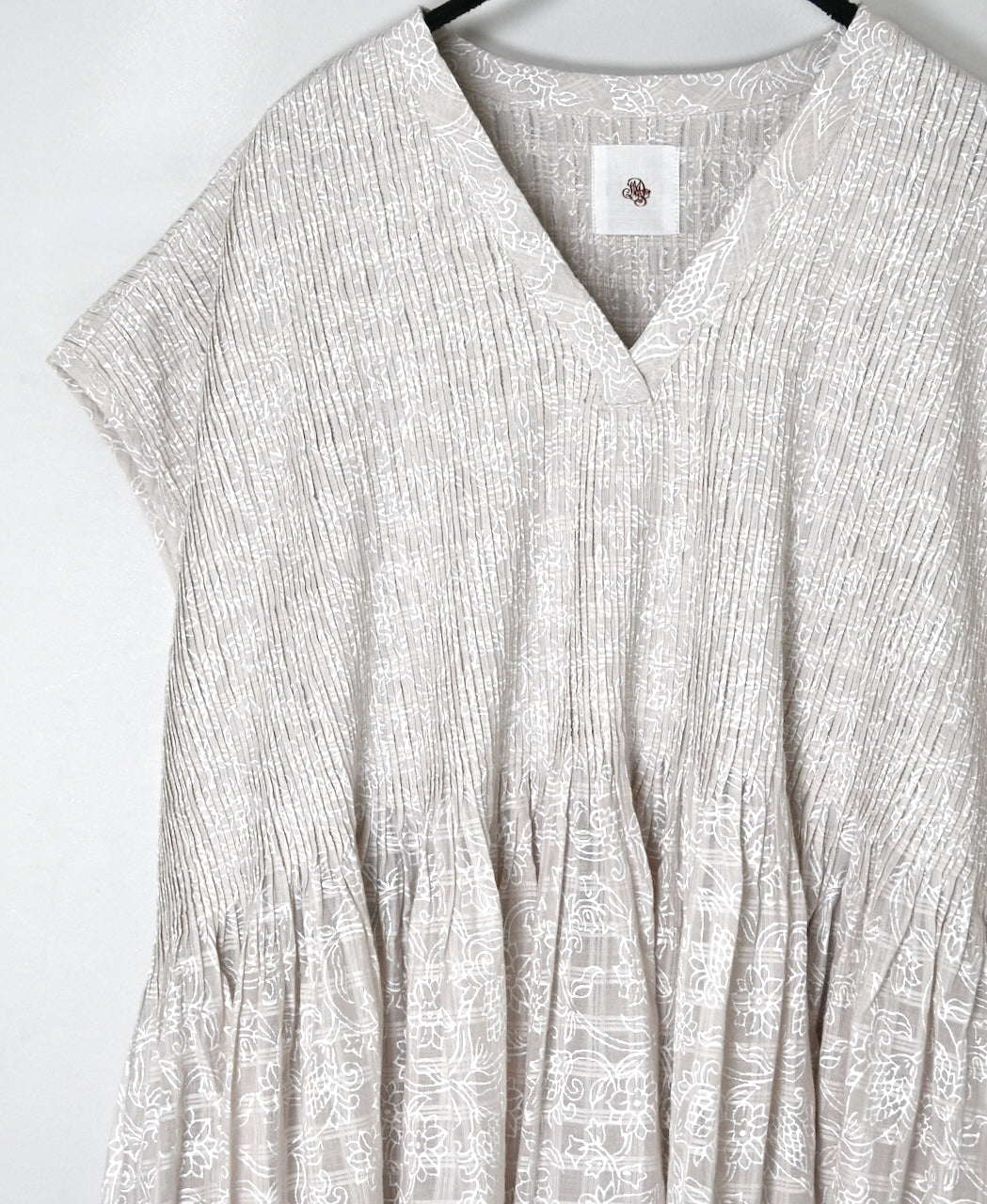 INMDS26097 POWER LOOM COTTON DOBIE CHECK FLOWER HAND SCREEN PRINT V-NECK FR/SL PULLOVER DRESS