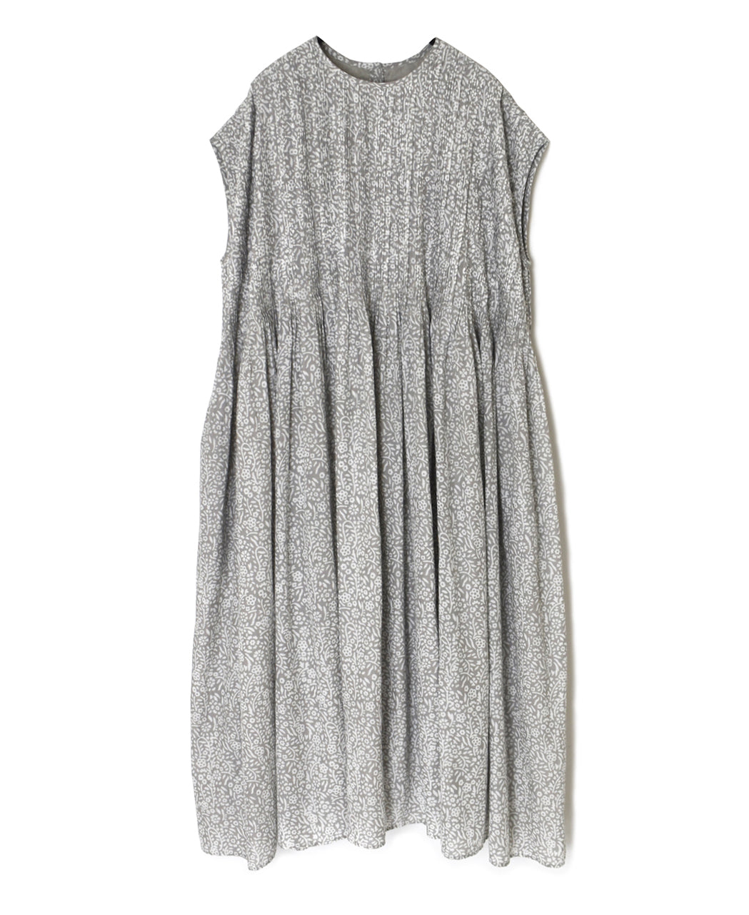 INMDS26104 80s COTTON FLOWER BLOCK PRINT FRENCH/SL DRESS WITH RANDOM PLEATS