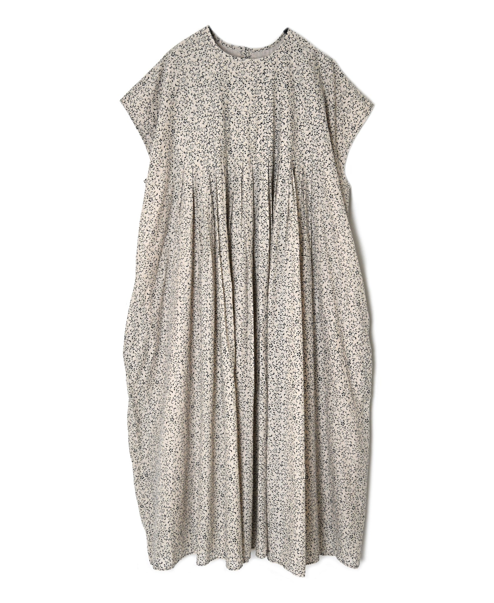INMDS26122 POWER LOOM COTTON VOILE ARABESQUE HAND SCREEN PRINT INVERTED PLEAT FRENCH/SL DRESS