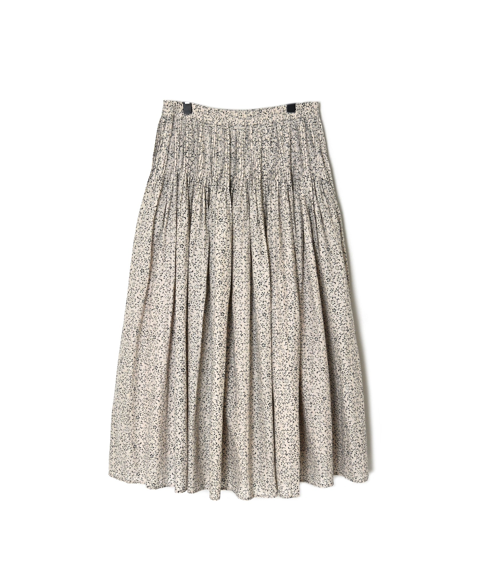 INMDS26123 POWER LOOM COTTON VOILE ARABESQUE HAND SCREEN PRINT FLARED SKIRT WITH PINTUCK
