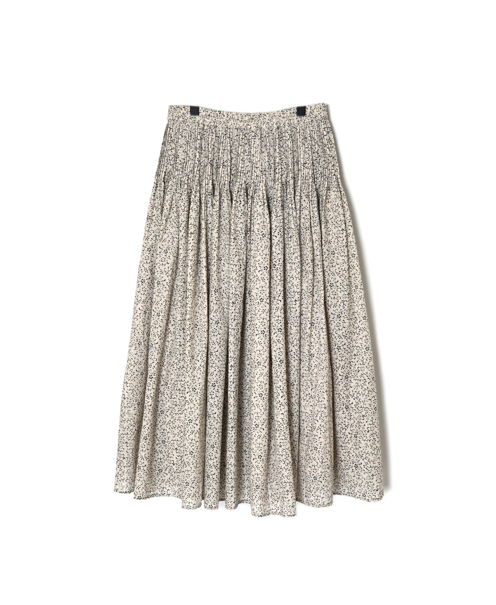 INMDS26123 POWER LOOM COTTON VOILE ARABESQUE HAND SCREEN PRINT FLARED SKIRT WITH PINTUCK
