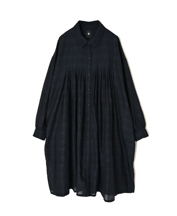 INMDS26713 COTTON/SILK SELF FINE CHECK REGULAR COLLAR INVERTED PLEATED LONG SHIRTS