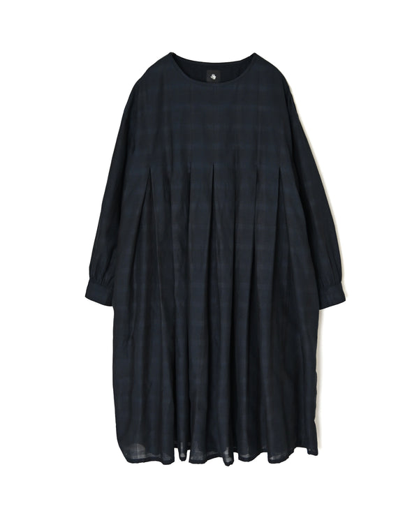 INMDS26714 COTTON/SILK SELF FINE CHECK INVERTED PLEATED L/SL DRESS WITH LINING