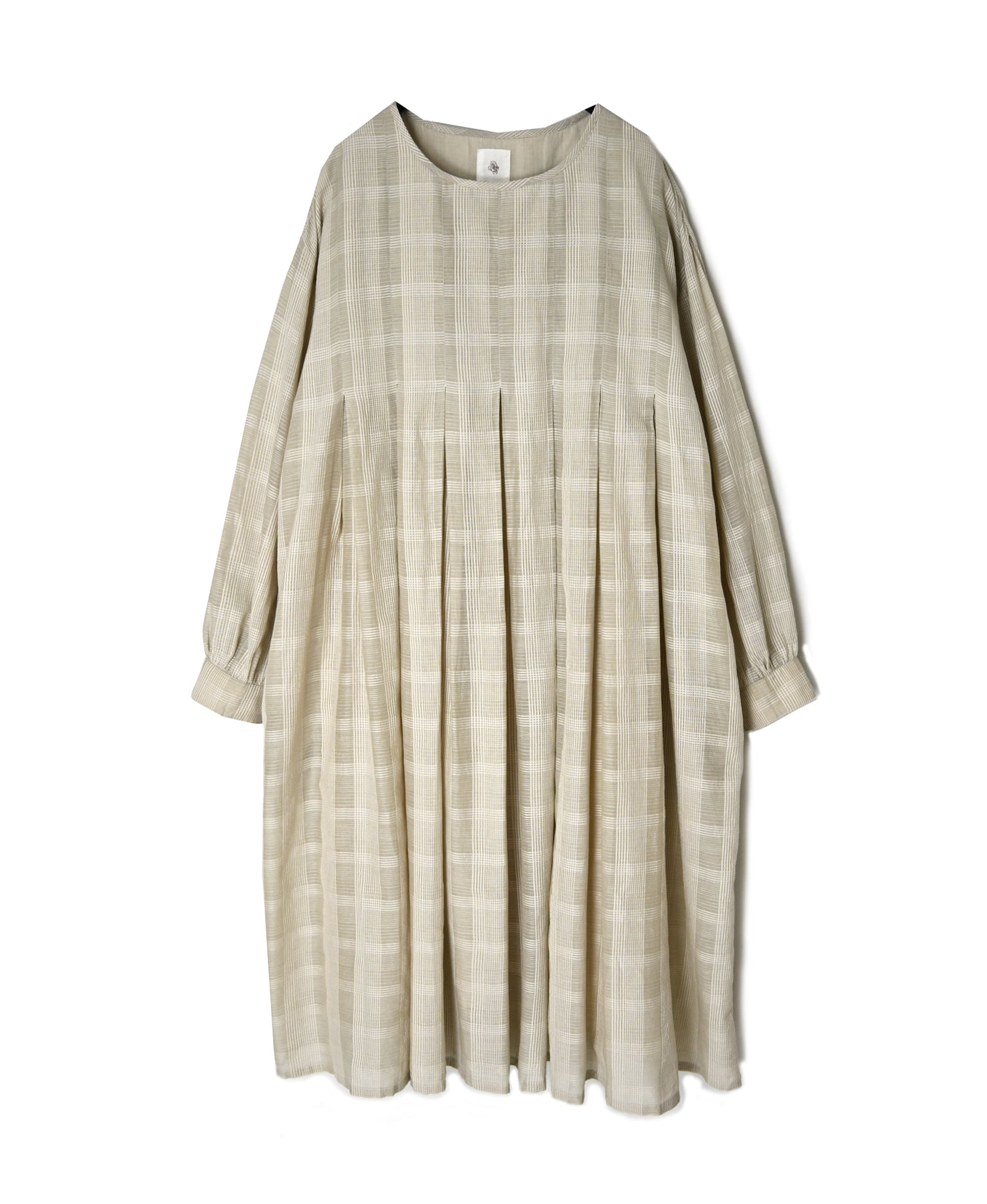 INMDS26714 COTTON/SILK SELF FINE CHECK INVERTED PLEATED L/SL DRESS WITH LINING
