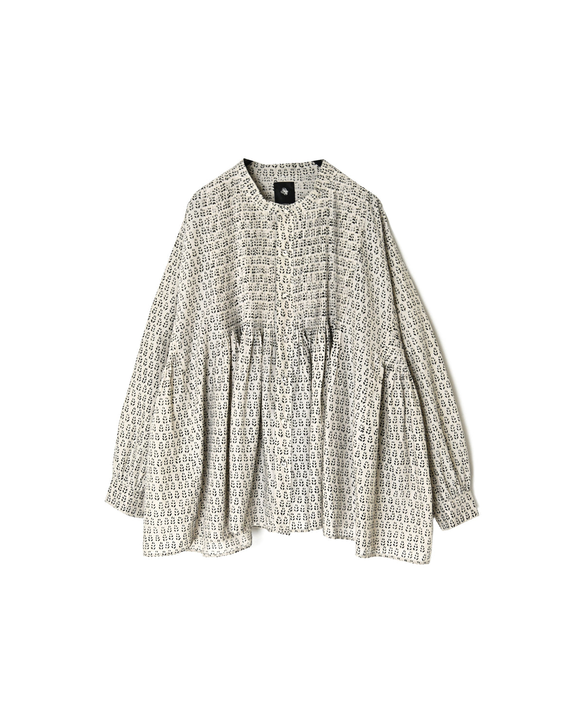 INMDS26722 80s VOILE LITTLE TREE BLOCK PRINT MINI PINTUCK BANDED COLLAR SHIRTS