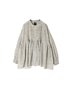 INMDS26722 80s VOILE LITTLE TREE BLOCK PRINT MINI PINTUCK BANDED COLLAR SHIRTS