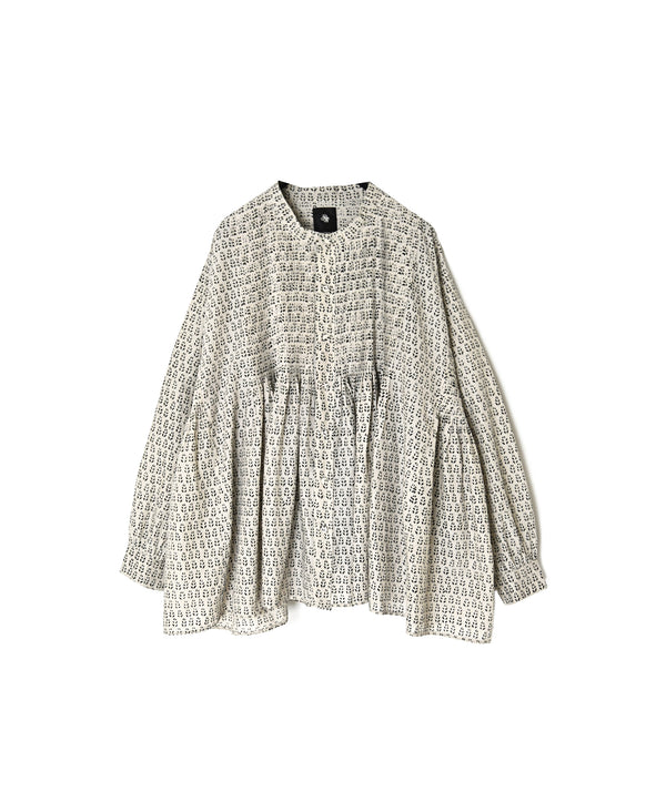 INMDS26722 80s VOILE LITTLE TREE BLOCK PRINT MINI PINTUCK BANDED COLLAR SHIRTS