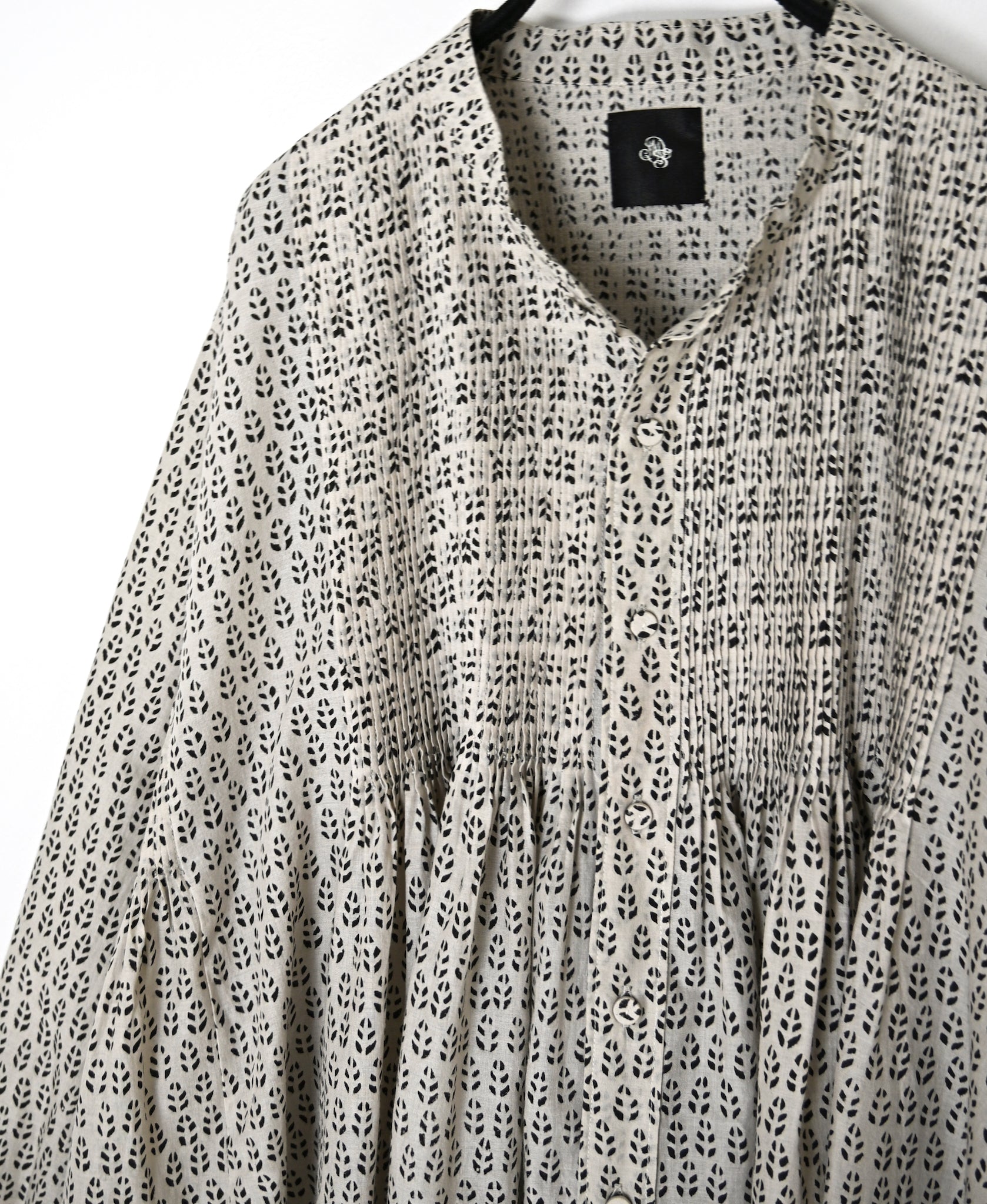 INMDS26722 80s VOILE LITTLE TREE BLOCK PRINT MINI PINTUCK BANDED COLLAR SHIRTS