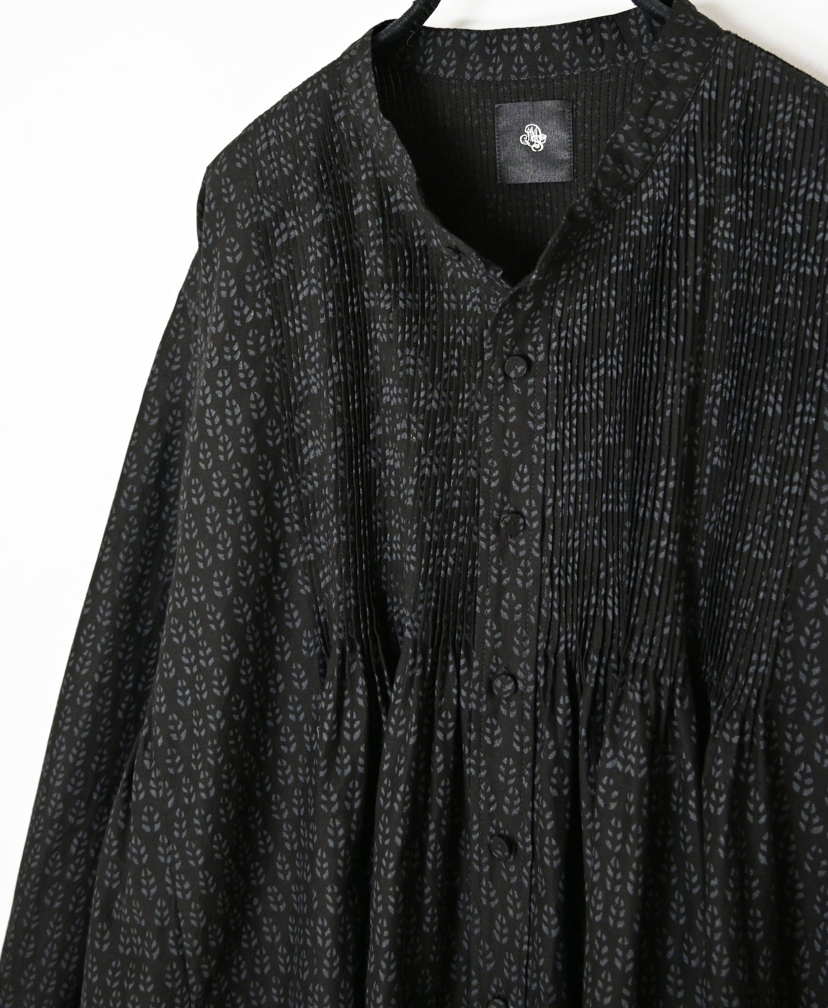 INMDS26722 80s VOILE LITTLE TREE BLOCK PRINT MINI PINTUCK BANDED COLLAR SHIRTS
