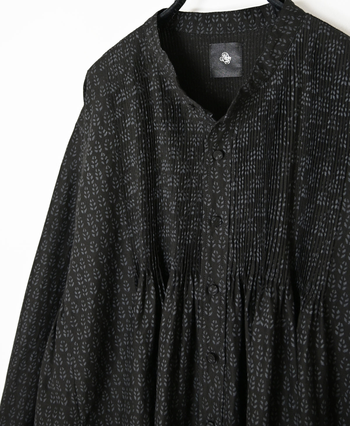 INMDS26722 80s VOILE LITTLE TREE BLOCK PRINT MINI PINTUCK BANDED COLLAR SHIRTS