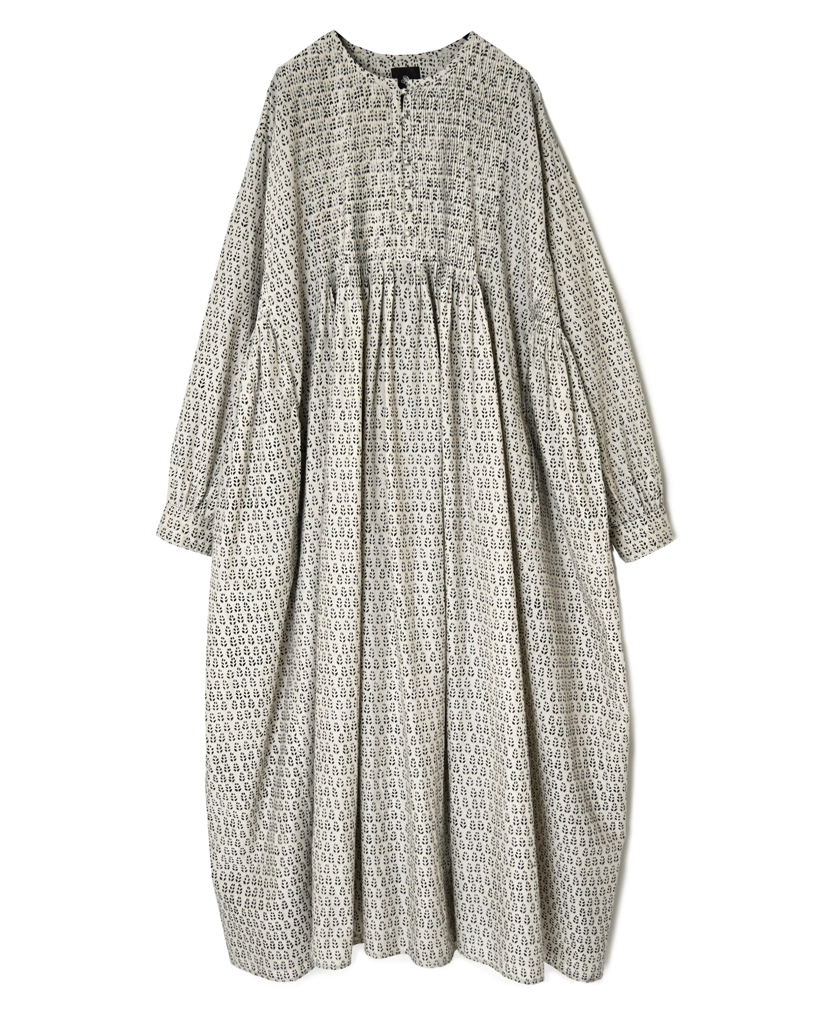 INMDS26723 80s VOILE LITTLE TREE BLOCK PRINT CREW-NECK DRESS WITH MINI PINTUCK