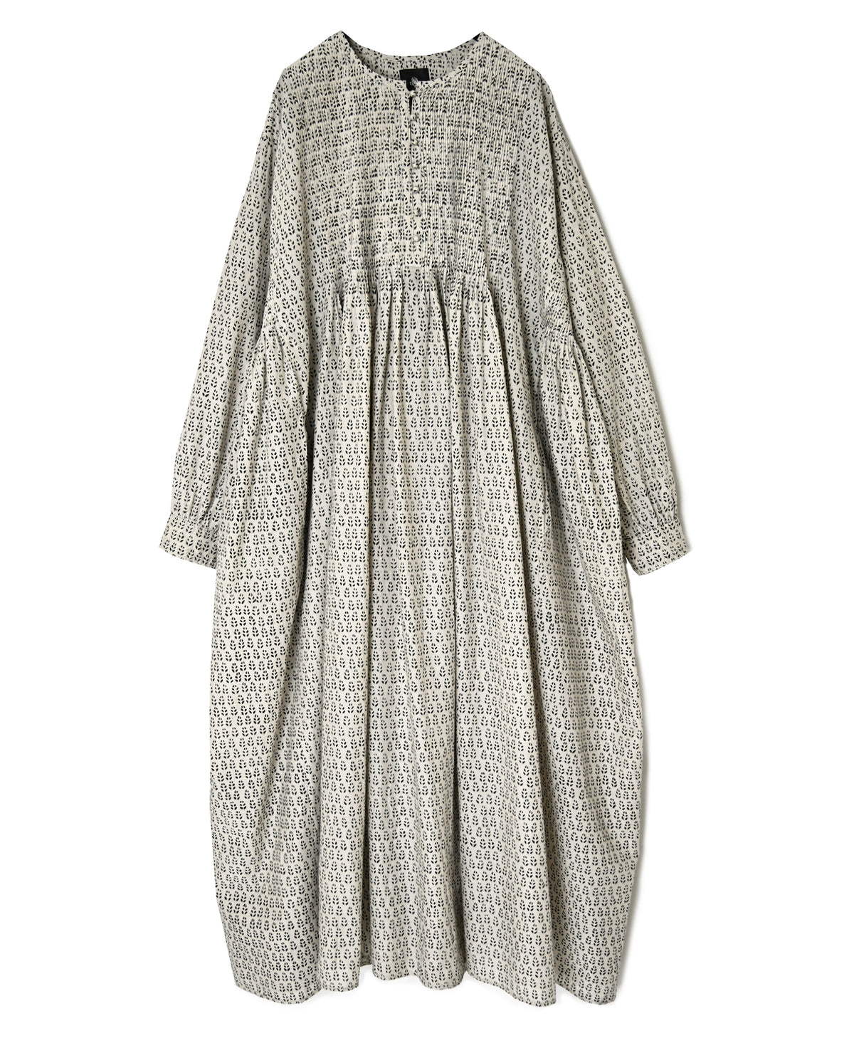 INMDS26723 80s VOILE LITTLE TREE BLOCK PRINT CREW-NECK DRESS WITH MINI PINTUCK