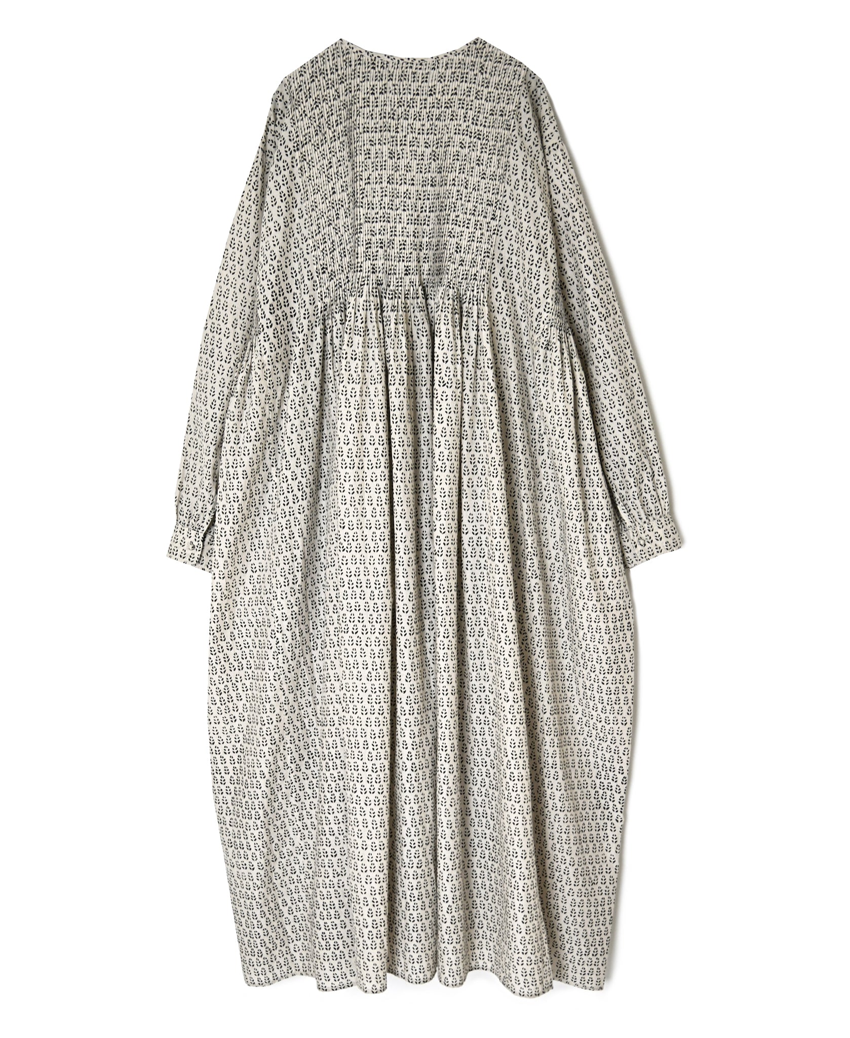 INMDS26723 80s VOILE LITTLE TREE BLOCK PRINT CREW-NECK DRESS WITH MINI PINTUCK