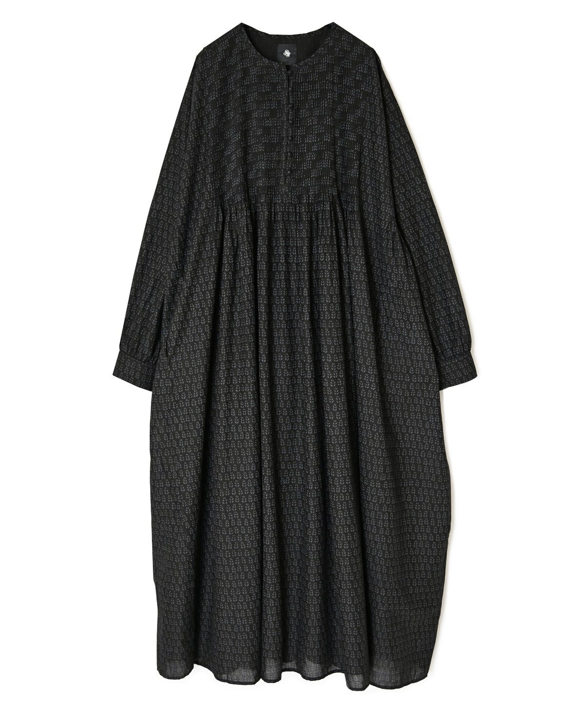 INMDS26723 80s VOILE LITTLE TREE BLOCK PRINT CREW-NECK DRESS WITH MINI PINTUCK
